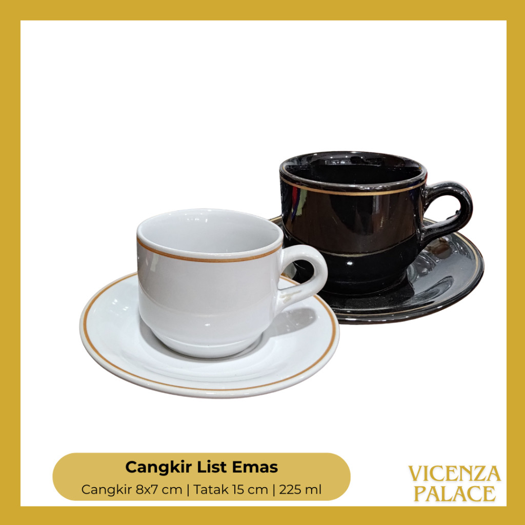 BintangOfc - Set Cangkir - Cangkir Keramik dan Lepek Kopi Teh Hitam Putih List Emas Lucky