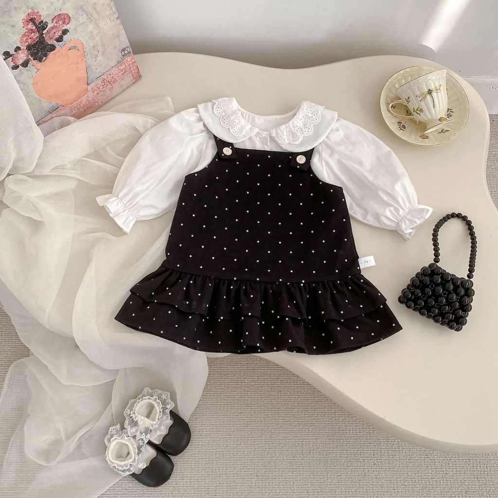 2026 Spring Baby Girl Suit Girls' Doll Collar Shirt Polka Dot Lotus Leaf Edge Strap Dress Two-piece 