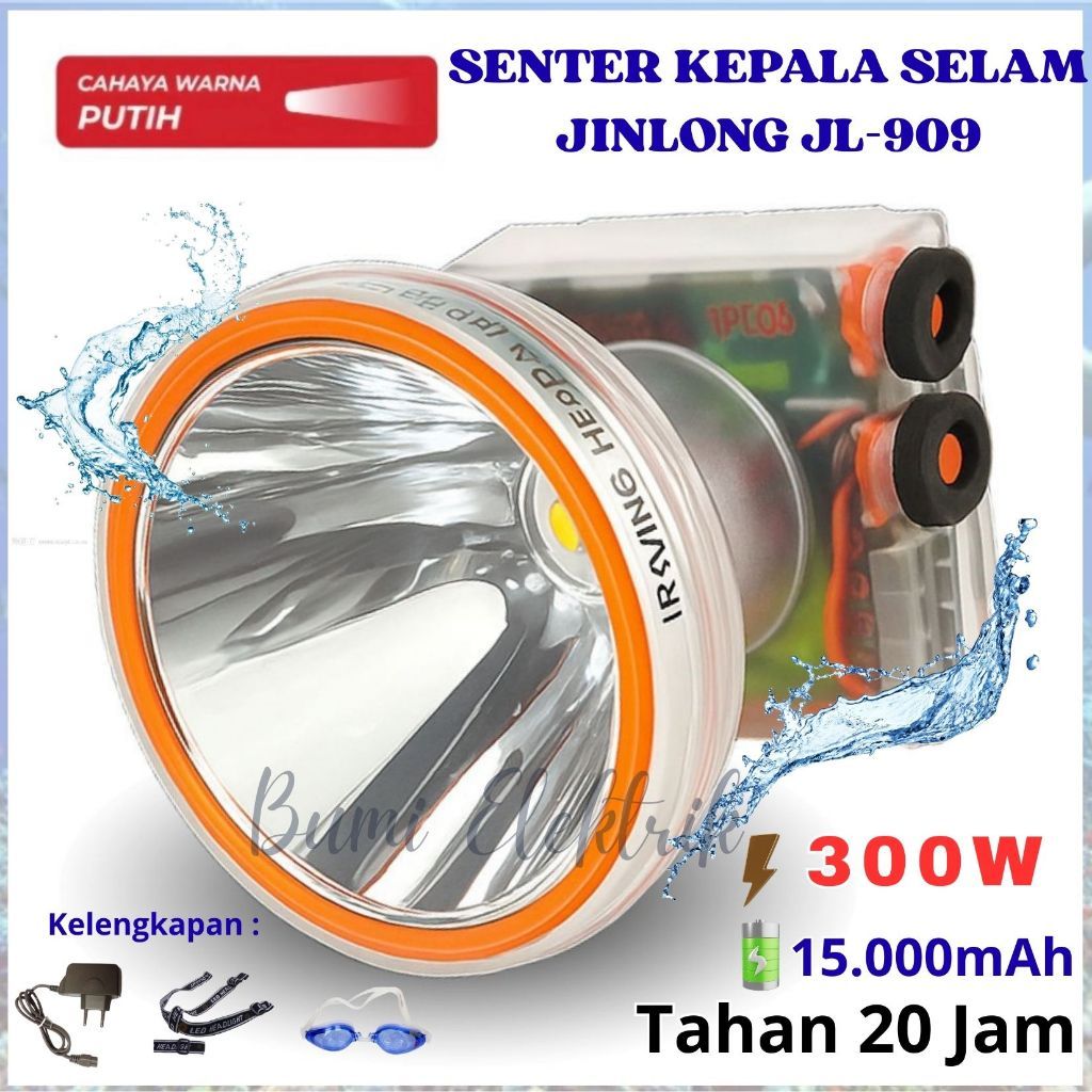 promo~Senter Kepala Selam 300 Watt Jinlong JL-909 Super Terang Bonus Kacamata Renang Baterai 15000mA