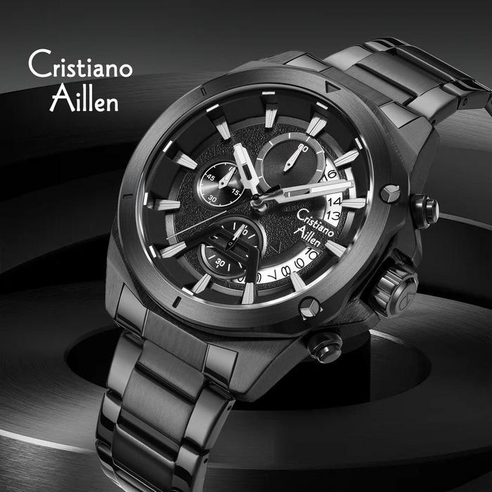 Cristiano Aillen Jam Tangan Pria Analog 8896 Rantai Stainless Steel Chronograph Kaca Sapphire Water 