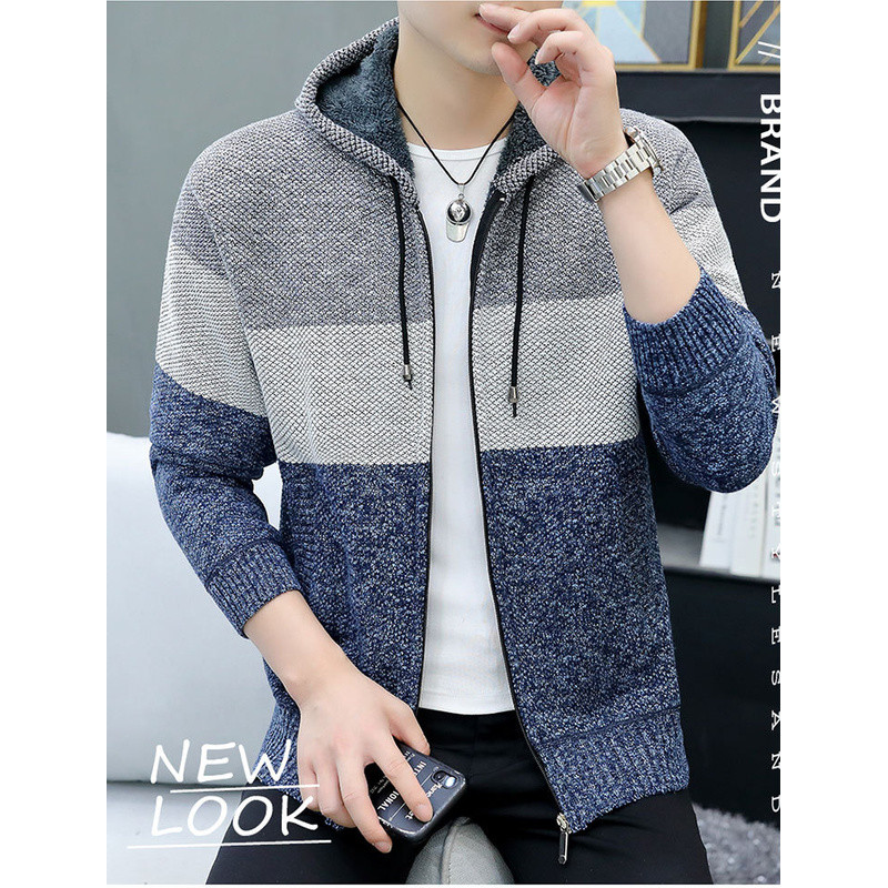 [Beruang kutub] Sweater fleece pria sweater rajutan tebal sweater hoodie jaket warna - warni tampan