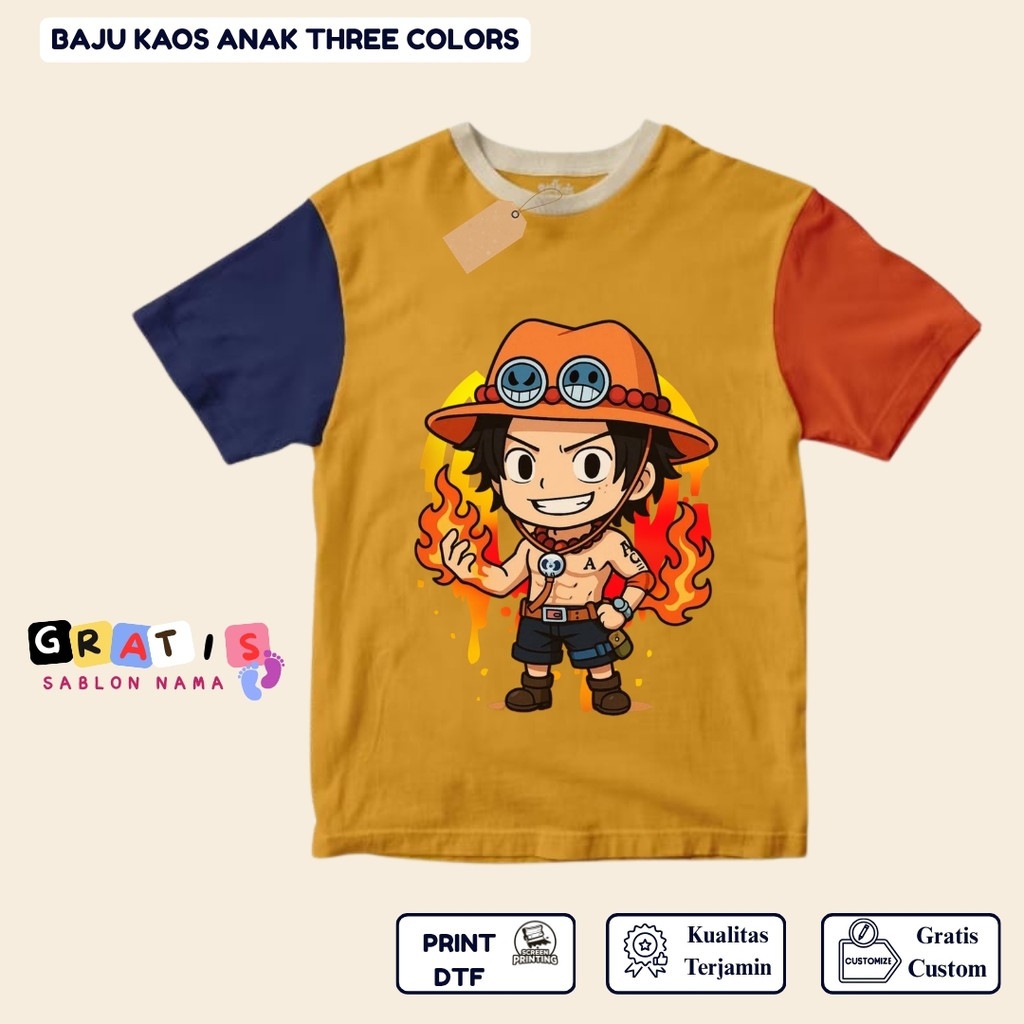Baju Anak Anime Ace One Piece Kaos 3 Warna Kombinasi - Free Sablon Nama Custom Satuan Bahan Katun Ad