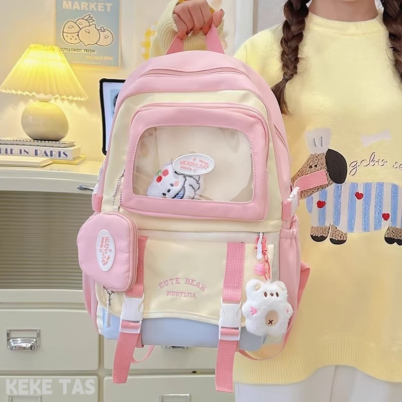 Tas ransel wanita warna pink/backpack wanita tas kuliah/tas kanvas/tas sekolah korean style/tas seko