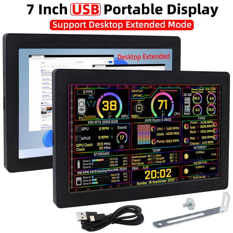 7 In Type-C Sencondary Screen 1024*600 IPS LCD Support Desktop Extended Mode Hardware Info AIDA64 Mo