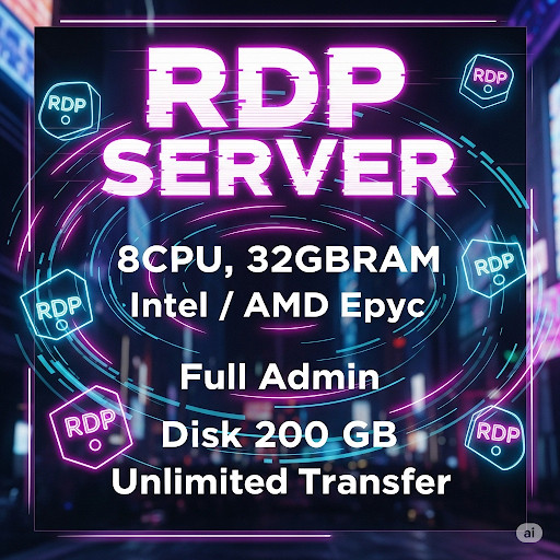 RDP Ultra 8 Core – Full Admin | 32GB RAM | SSD 200GB | Unlimited Data