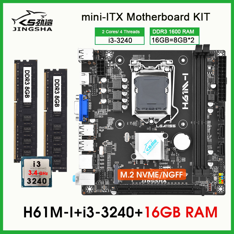 H61 mini itx placa mãe motherboard LGA1155 kit set combo with Core I3 3240 CPU and 16GB 1600MHz DDR3