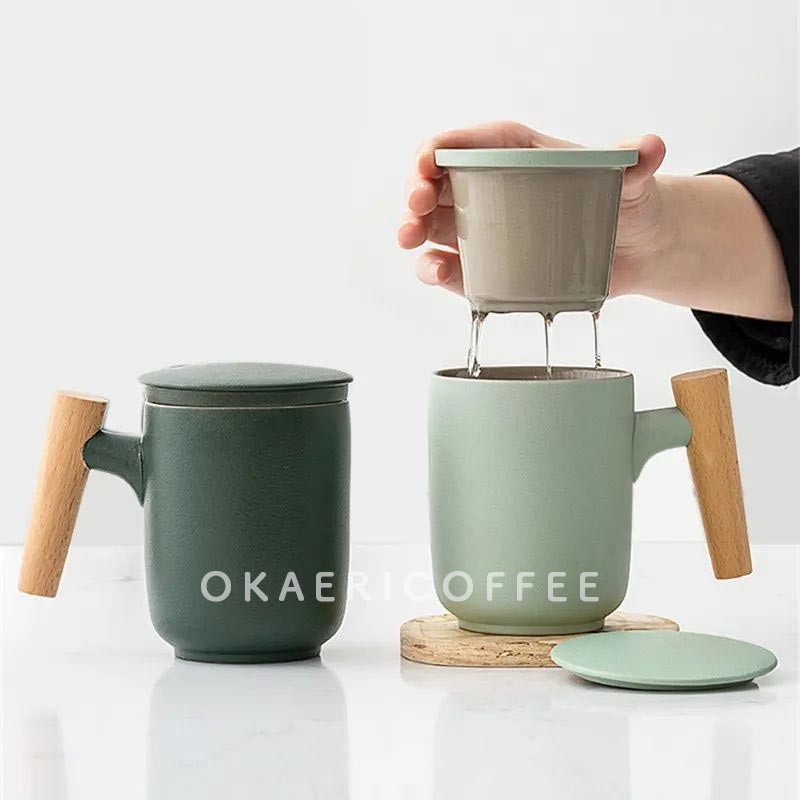 OKAERICOFFEE Ceramic Tea Infuser Cup + Lid / Gelas Mug Keramik + Saringan + Tutup