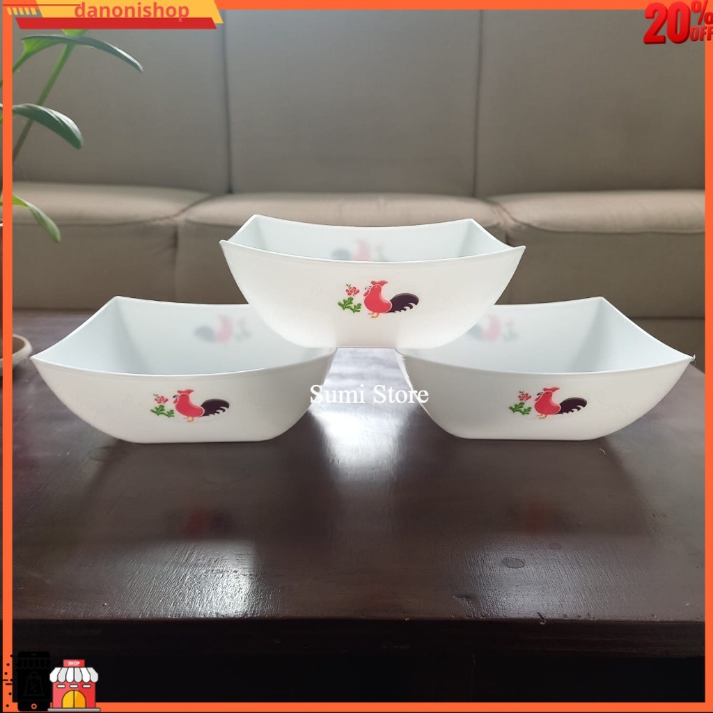 JUAL [3pcs] 20160MANGKOK PLASTIK MOTIF AYAM JAGO KOTAK / MANGKOK SEGI AYAM DNS