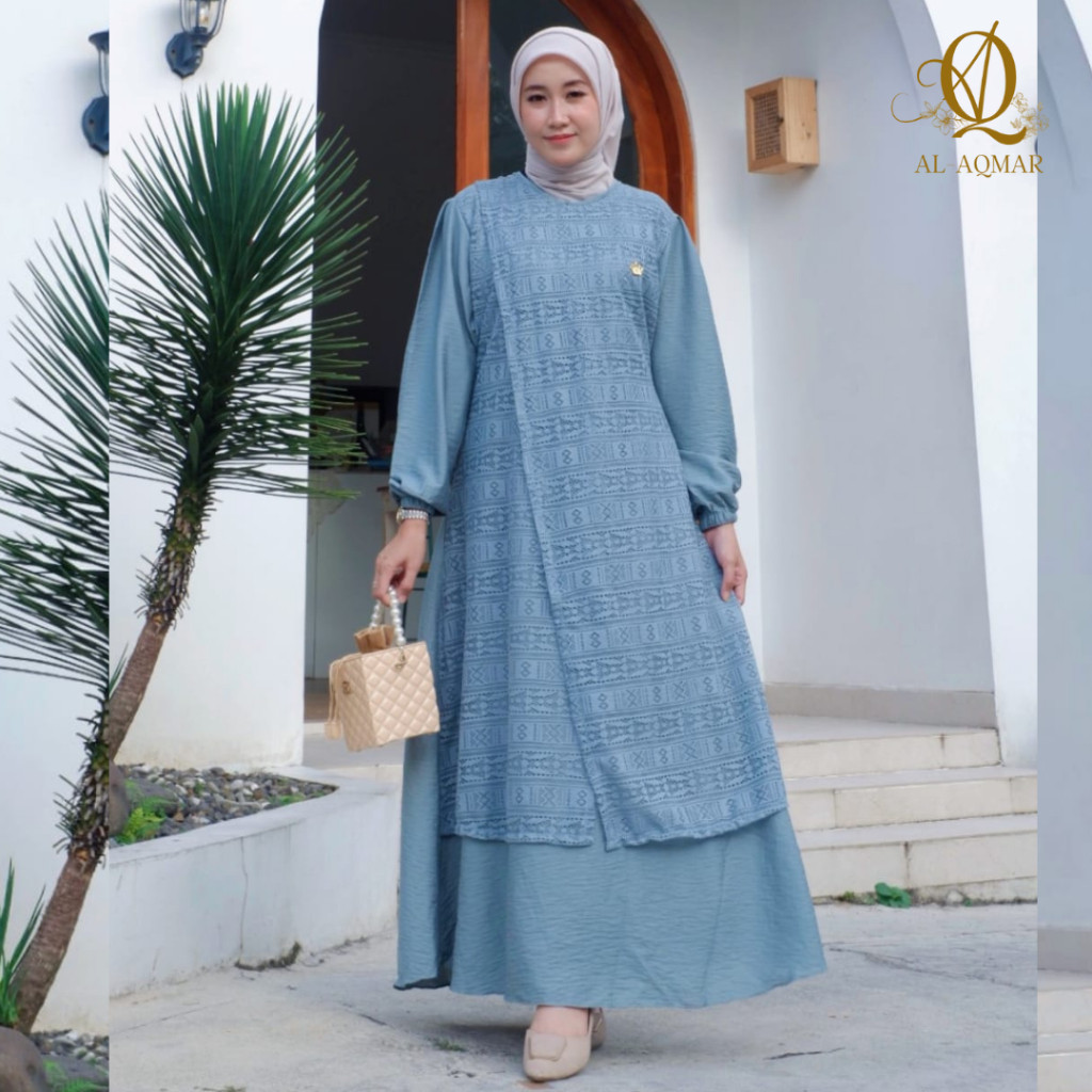 NURKHAYAH.SHOP Dress Mix Brukat Tali Pinggang Busui Saku Kanan Kain Polo Linen Gamis Muslim Kombinas