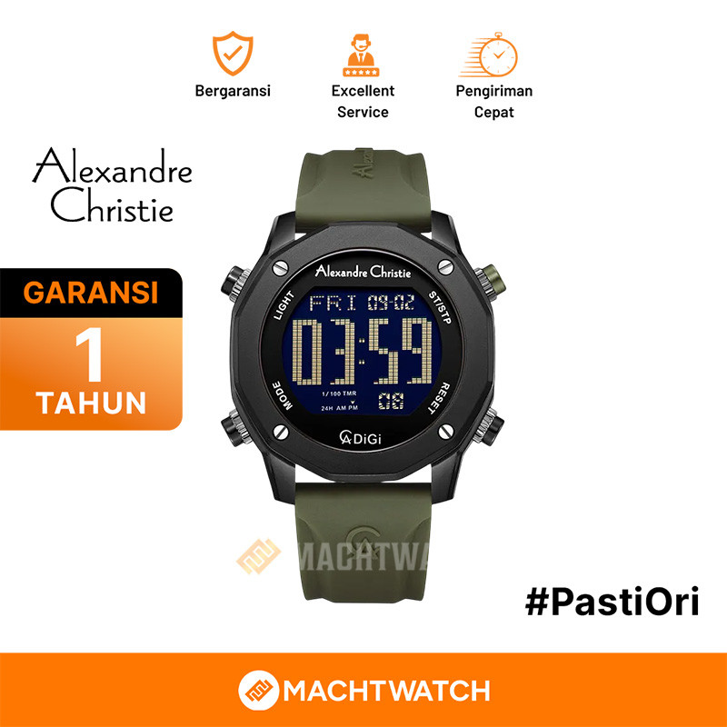 Jam Tangan Pria Alexandre Christie Digi AC 9377 MH RIPBAGN Men Digital Dial Green Rubber Strap