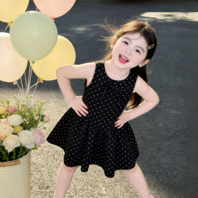 [Hutan Dongeng] Gaun Putri Anak Perempuan Gaun Polkadot Hitam Super Bagus Korea Anak-anak Baru Gaun