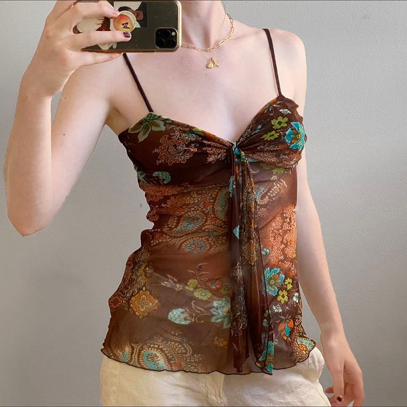 ChubChic COD Tank Top Wanita Vintage Floral Brown Lace Mesh Camisole Y2K Slim Fit Atasan Wanita Sexy