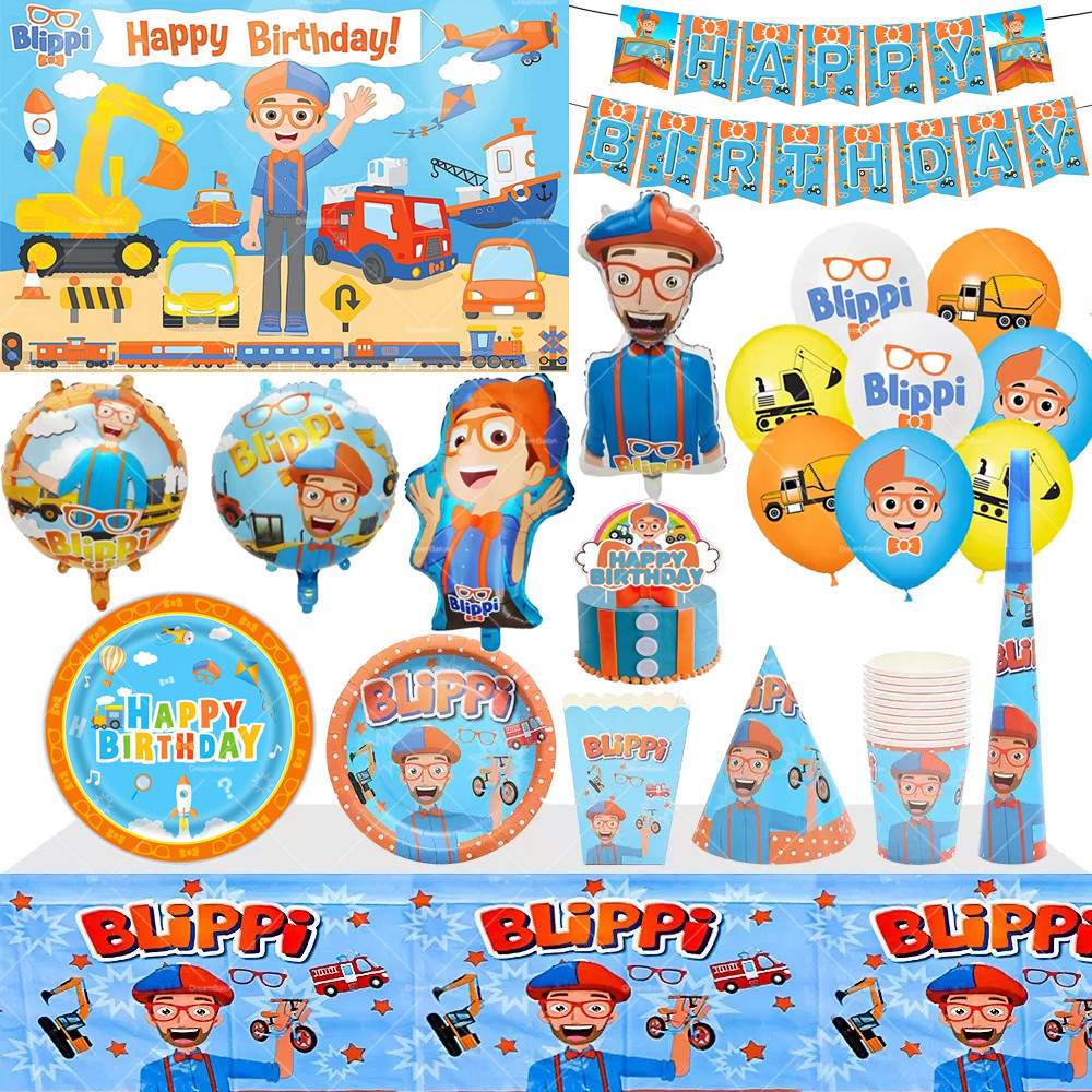 Blippi Balloons Happy Birthday Banner Decorations Party Supplies Backdrop English Teaer Cake Topper 