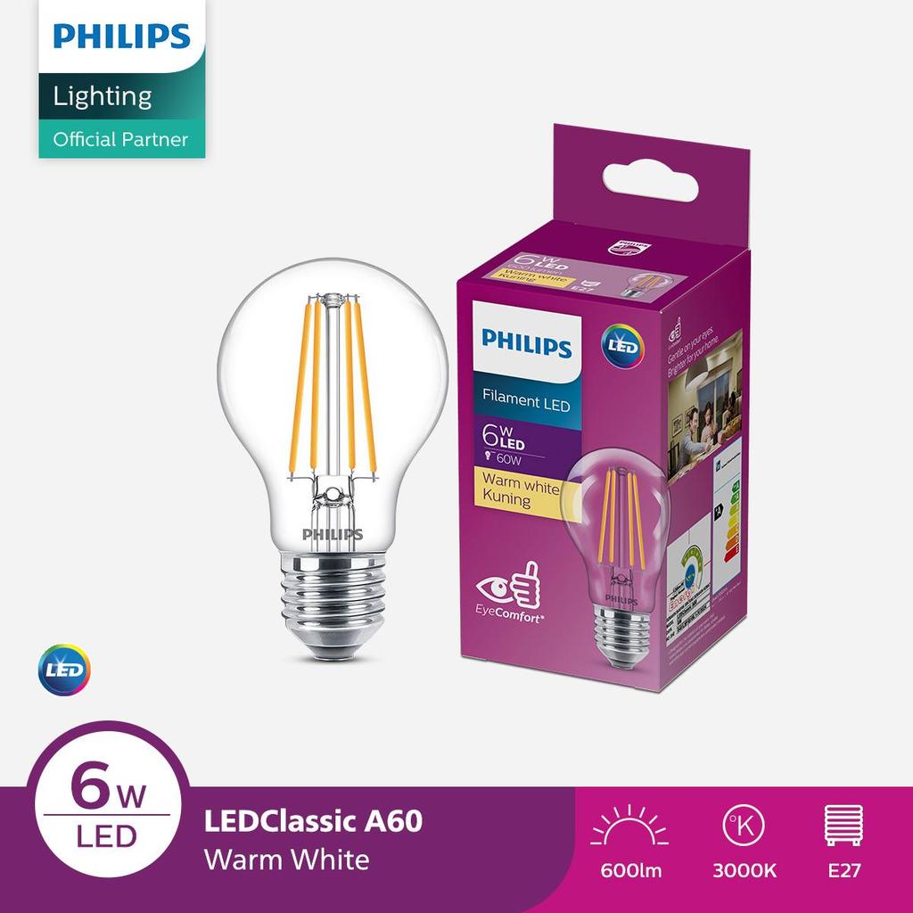 Lampu Philips Filament Bohlam LED Classic 6W A60 E27 Kuning