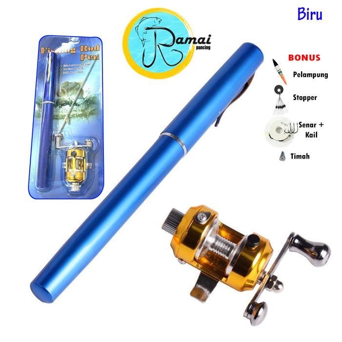 Satu set Joran Pen mini alat pancing pulpen casting dan spinning - casting biru