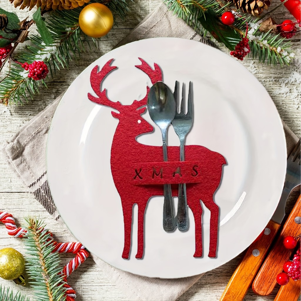 Christmas Knife and Fork Storage Mat, Elk Placemats, Knife and Fork Storage Bag, Suitable for Christ