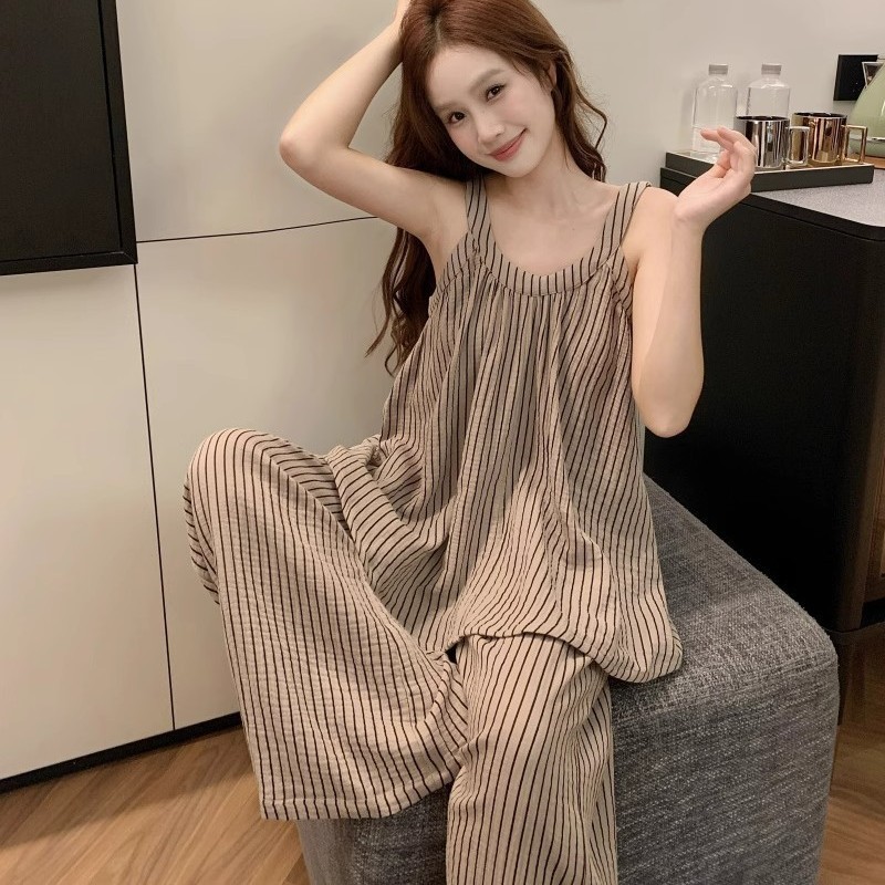 Katun awan Piyama Wanita Tank top Rompi Tipis Ukuran besar Motif garis Celana panjang Set Bisa dipak