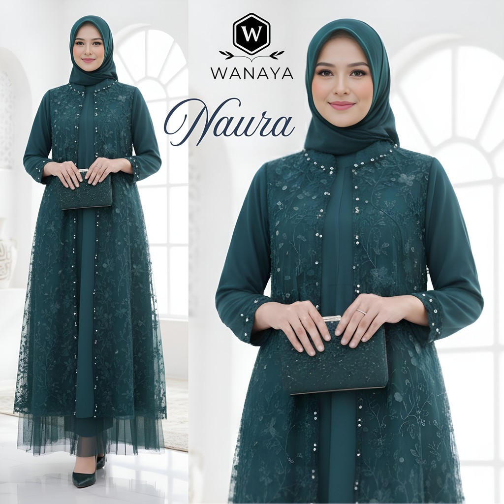 Naura Gamis Full Brukat Tulle Wanita Muslimah Trendy Full Puring mix Payet, Busui & Wudhu Friendly