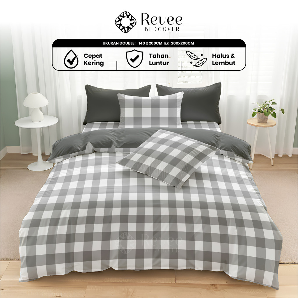 Revee Bedcover - Sprei & Bedcover Set Gingham Grey Mix Dark Grey Ukuran Lengkap 140x200/180x200/160x