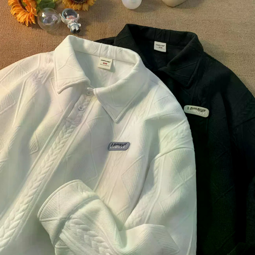 American vintage polo berdiri kerah bunga baju penjaga laki-laki ukuran longgar pasangan jaket atas