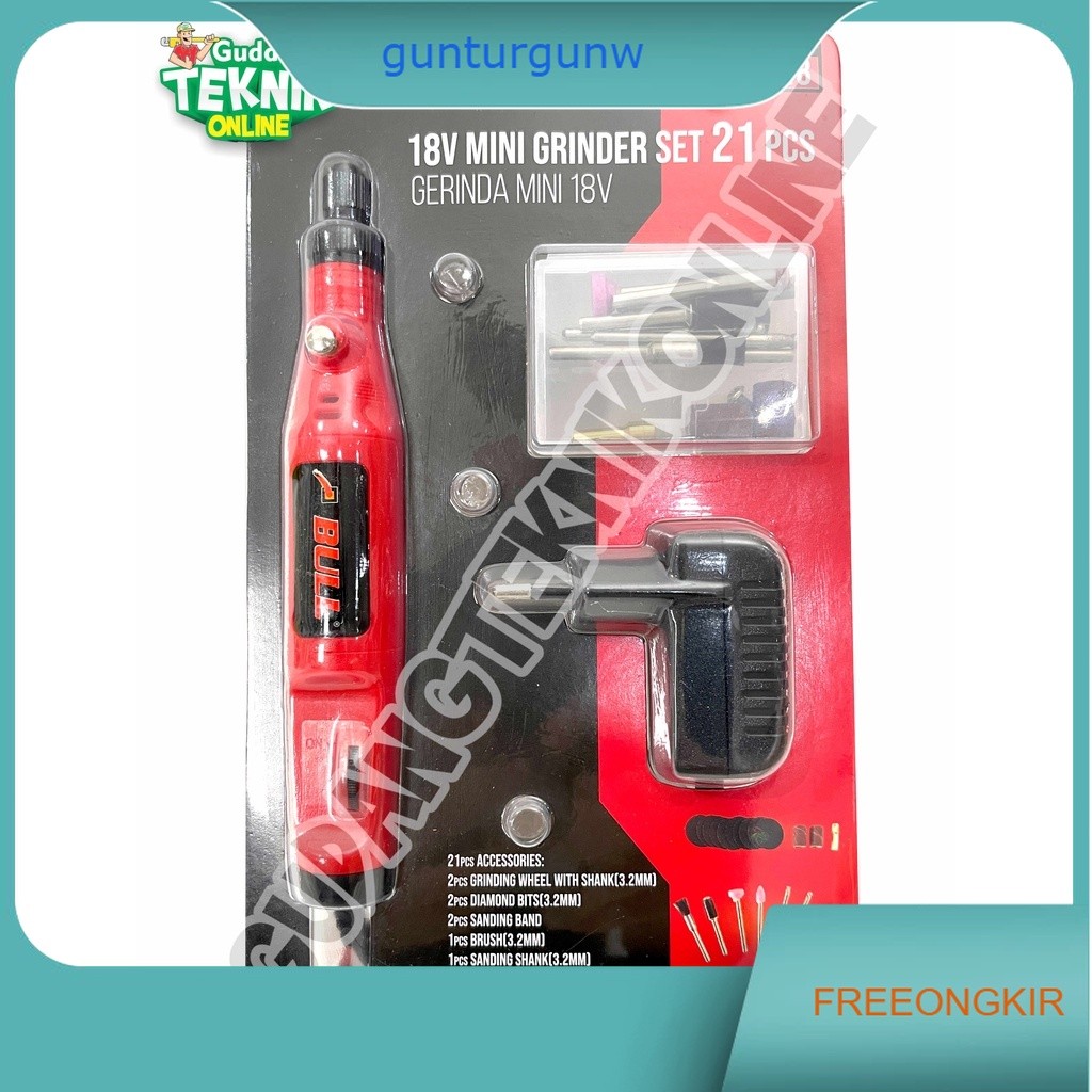BULL Mini Die Grinder Set 21pcs 18V BULL BL318 BLISTER / Alat Gerinda Bor Tuner Mini Kecil BL 318 - 