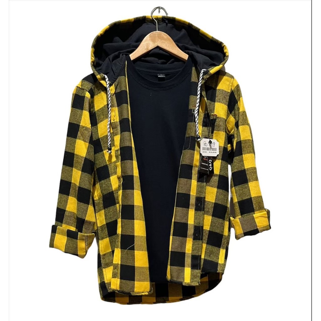 Kemeja flanel hoodie, kemeja pria wanita lengan panjang  kemeja kupluk