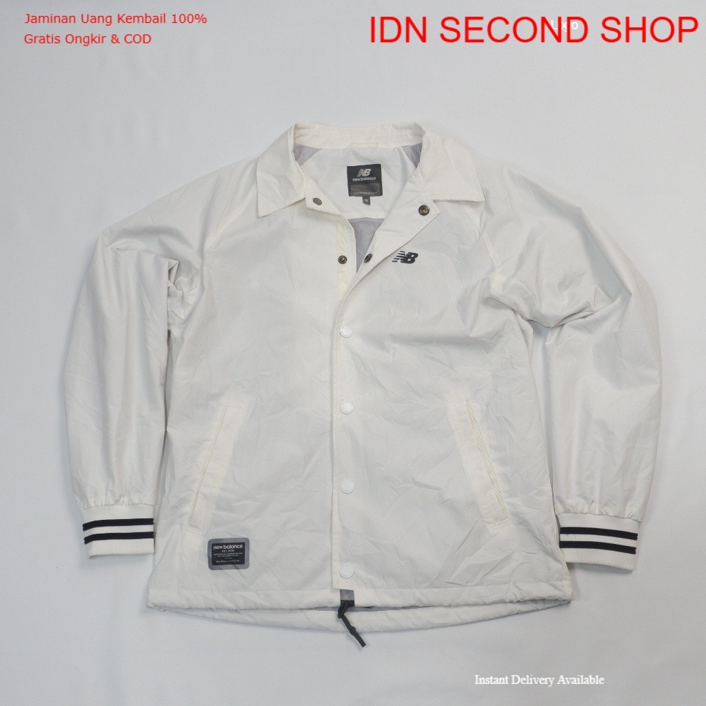 NEW BALANCE Full Snap Coach Jacket - White/Navy Stripes - Preloved