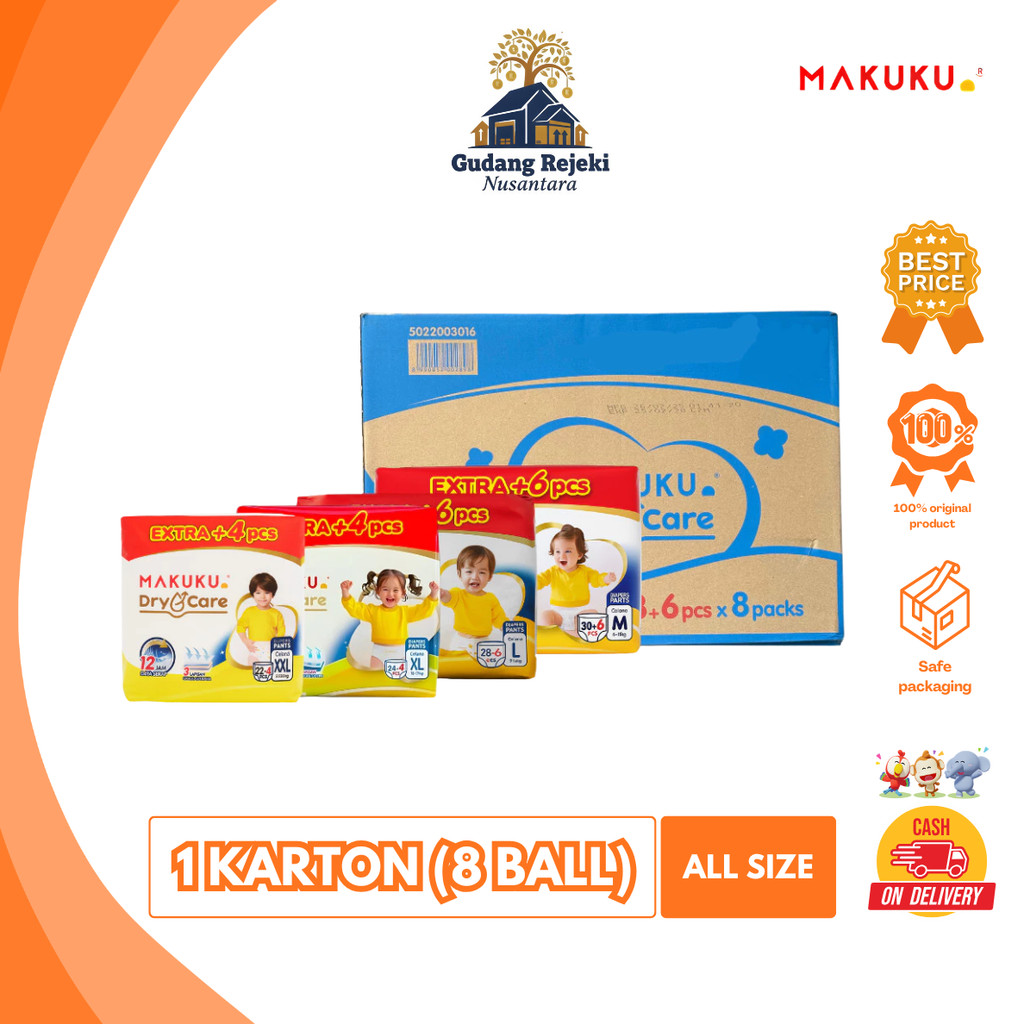 MAKUKU Dry Care Pants M30+6 L28+6 XL24+4 XXL22+4 1 Karton / 1 Dus Isi 8 Ball Popok Bayi Celana GRN