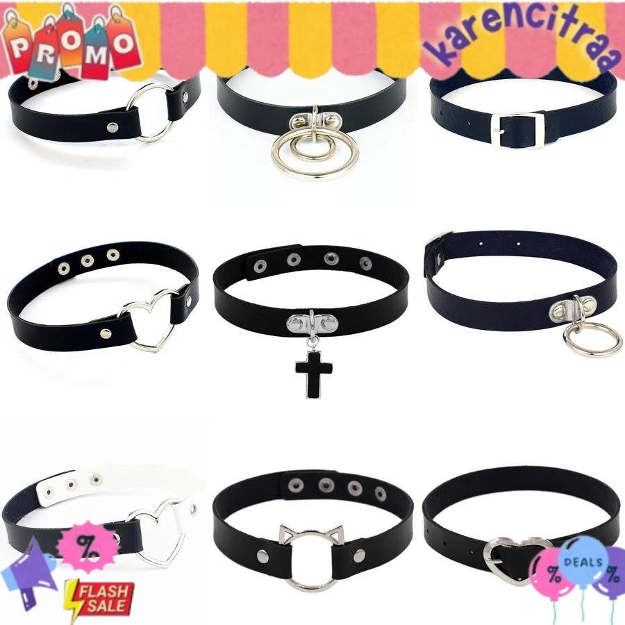 CHOKER KULIT PREMIUM Ring Gesper Hati Salib Kucing Cosplay Punk PU Leather Jepang TRENDING 