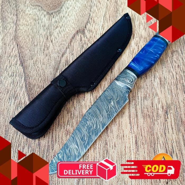 Pisau Camping Survival Outdoor Motif Damascus Handle Biru P1517 - Biru -alca