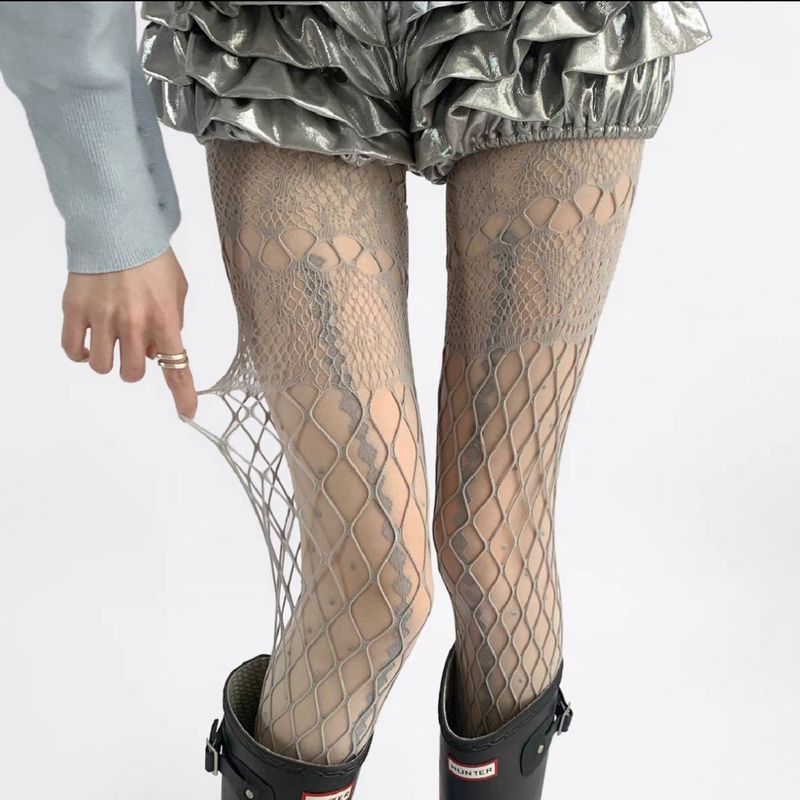 [Si Yun Ge] Pantyhose Renda Berlubang Ultra Tipis Jaring Halus Stoking Abu-abu Stoking Jaring Ikan A