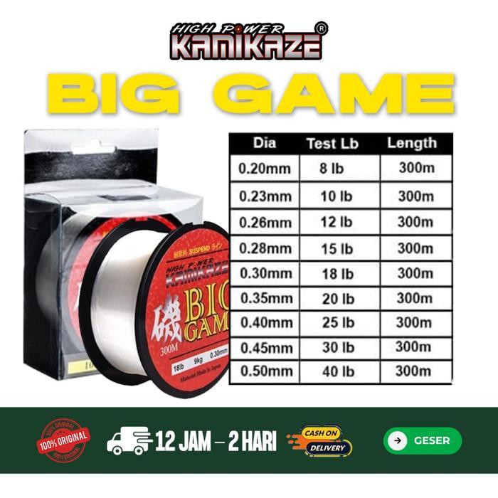 Promo KAMIKAZE Senar Monofilament BIG GAME Super Nylon Warna Clear 300M Super Kuat Murah - 40Lb (0.5