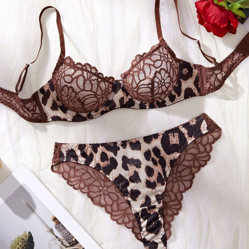 LadyAllure COD Set Lingerie Wanita Leopard Lace Seksi Push Up Bra Underwire Transparan Thong Set Fre