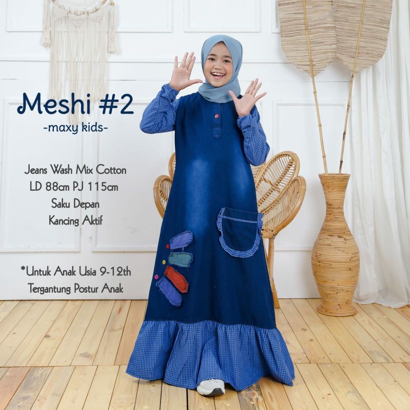 ZARISHOP.ID Gamis Kids Muslim Anak Perempuan Bahan Jeans Wash Ld 98 Pb 113 Kancing Depan Original Am