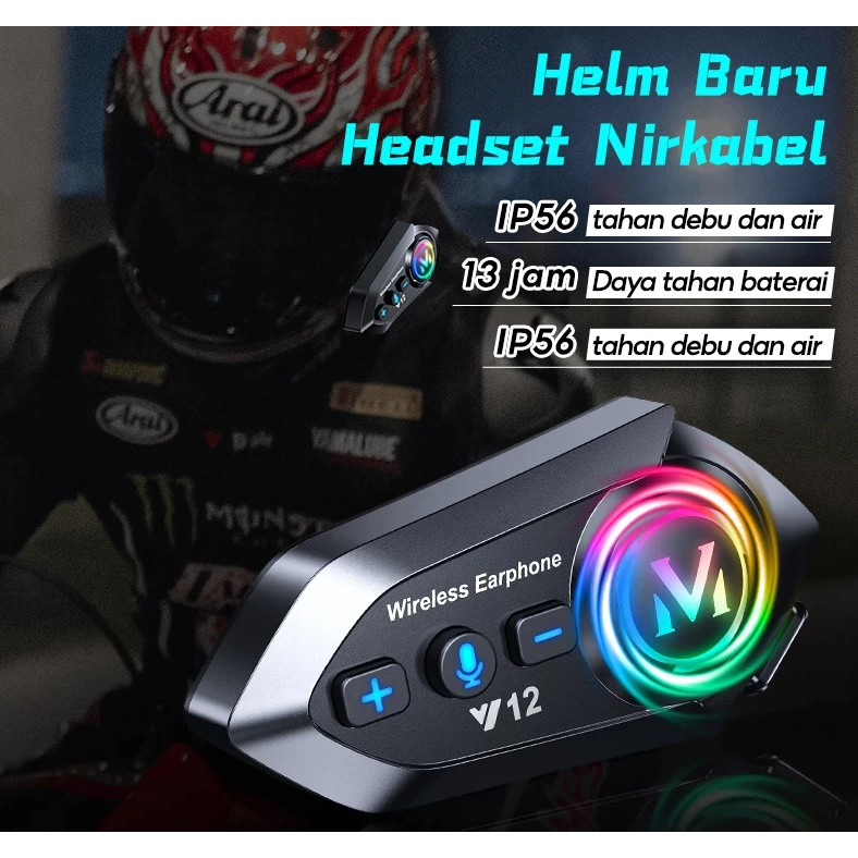 COD Y12  – Headset Nirkabel Helm Motor Interkom Bluetooth Headset motor headset Bluetooth 5.3 hitam 