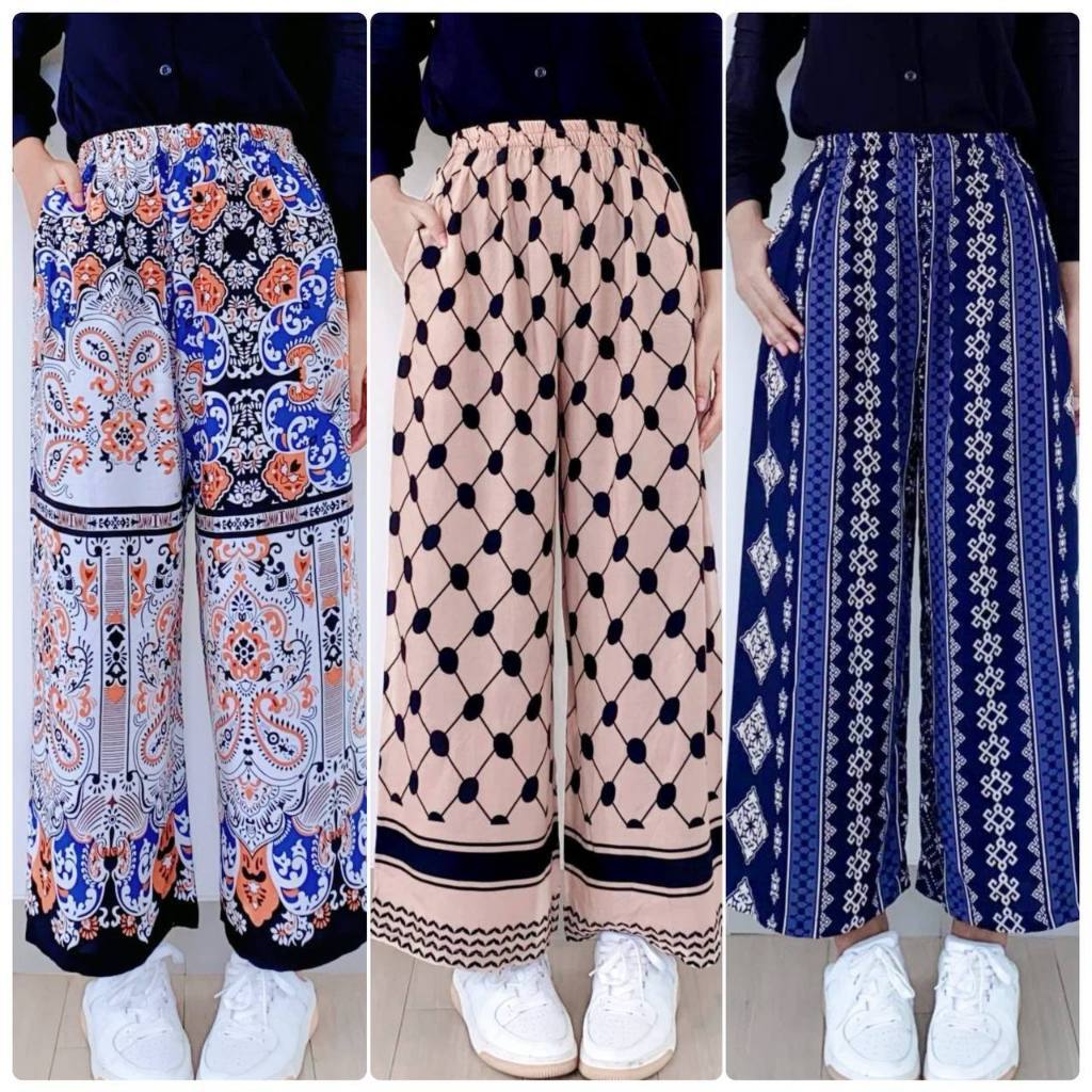 Celana Kulot Hommy Free Pouch Motif Wanita Bahan Rayon Kulot Panjang Motif Adem Rayon Garis Kain