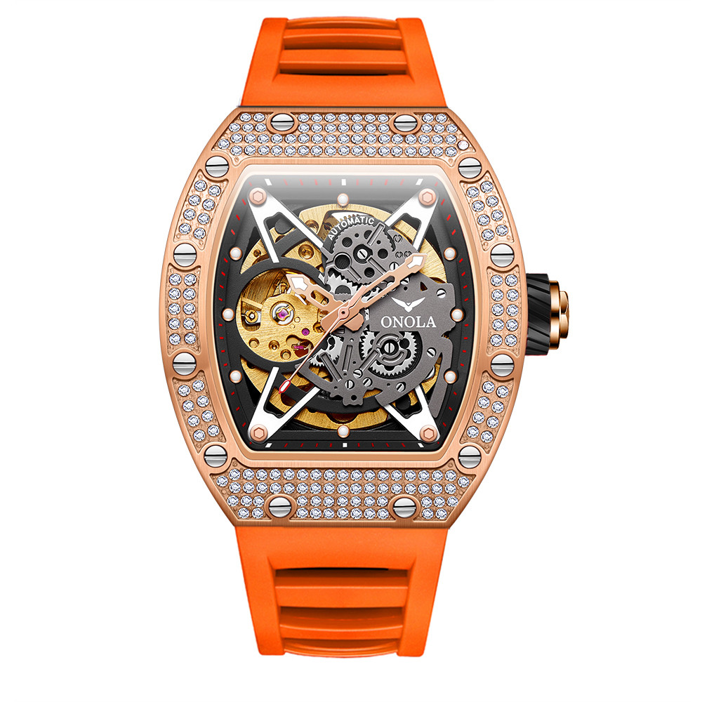 ONOLA 3838D Luxury Fashion Mens Automatic Mechanical Watch with Hollow amond al and Night Light Retr