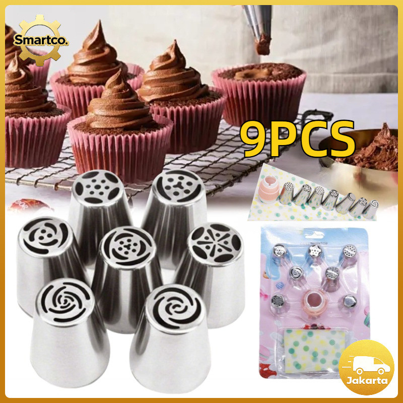 9PCS Spuit Kecil Kue Set Bahan Stainless Spuit Rusian Set Dekorasi Cake
