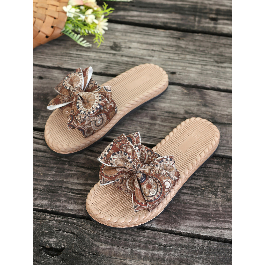Sandal Selop Wanita Pita Motif Vintage Cokelat Korea Style Empuk Casual Import