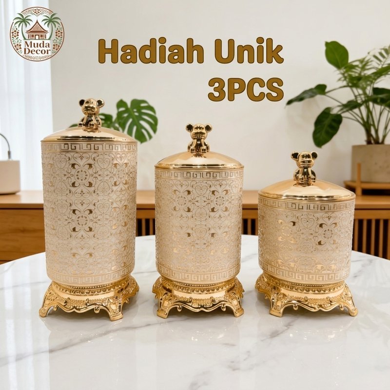 toples lebaran toples snack 3pcs set bahan plastik warna emas serbaguna ukuran kecil sedang besar