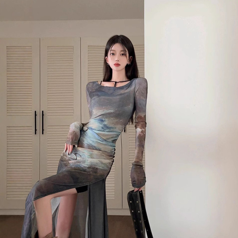 Gaun Wanita Model Retro Amerika Tie Dye Lengan Panjang Bahan Mesh Pinggang Tinggi Model A-Line denga