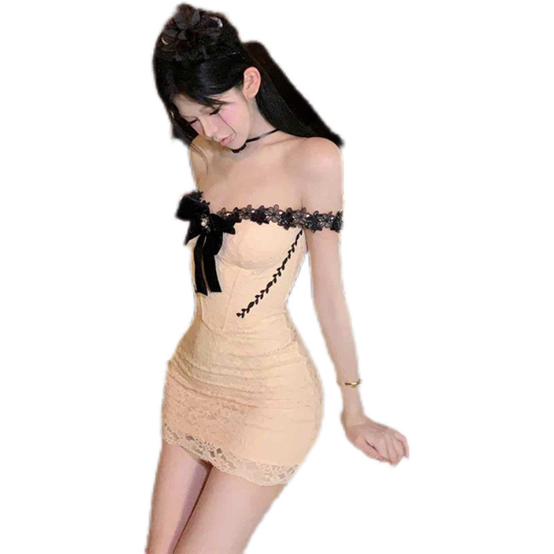 Dress Wanita Gaya Chanel Kecil Prancis Renda Sambung Tali Bahu Leher Satu Garis Pinggang Tinggi Body