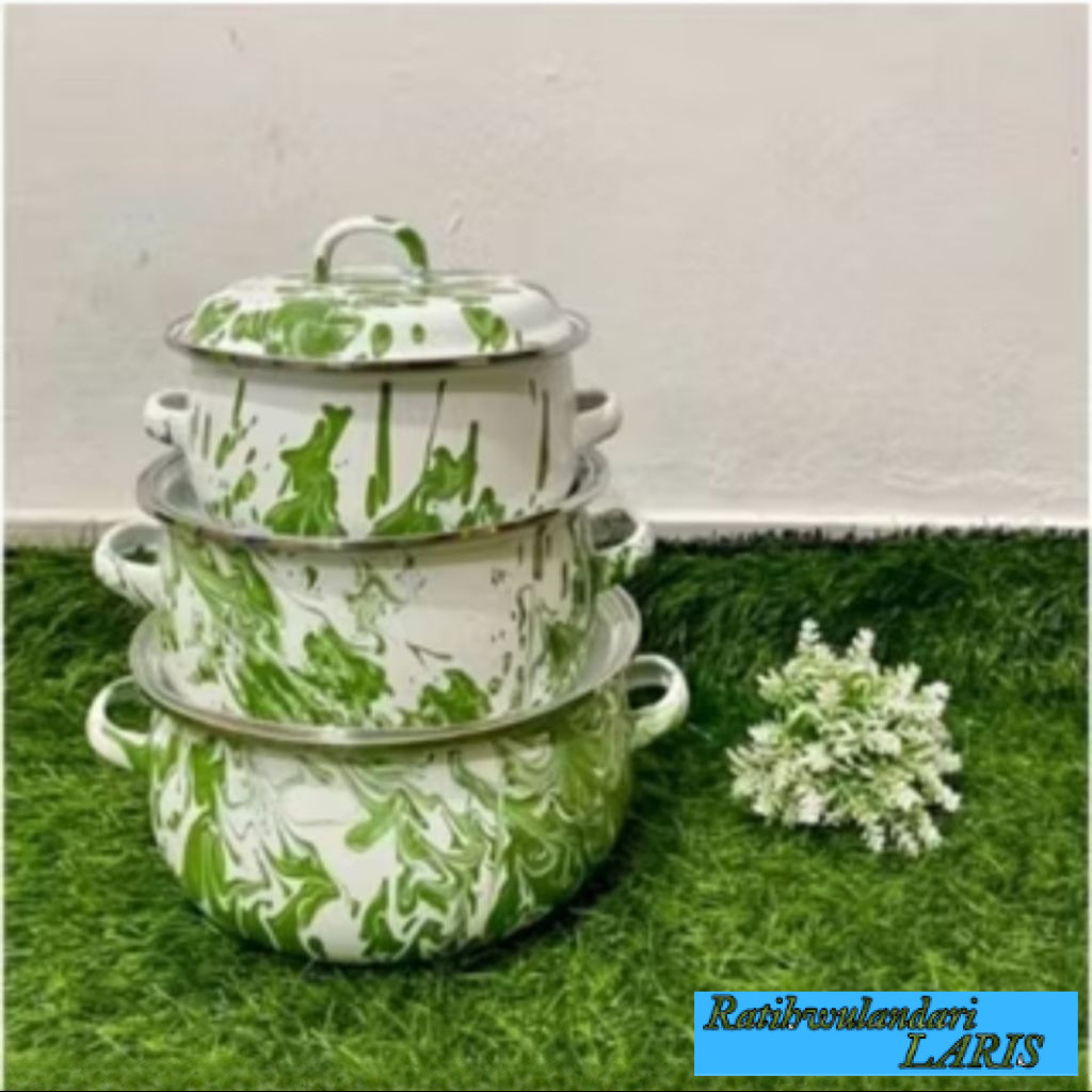 AG005 Panci set Enamel Blirik 3 susun warna  hijau jadul