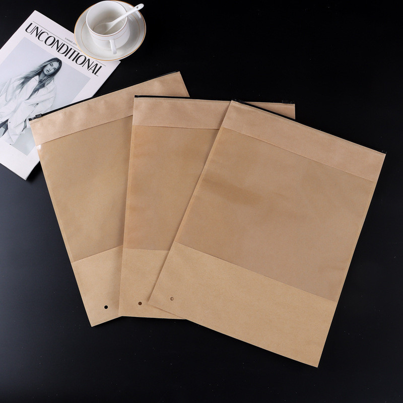 200PcsLot 29x39cm Kraft Paper Clothing Zipper Bag Large Window Opening Underwear Clothing Bag Retail