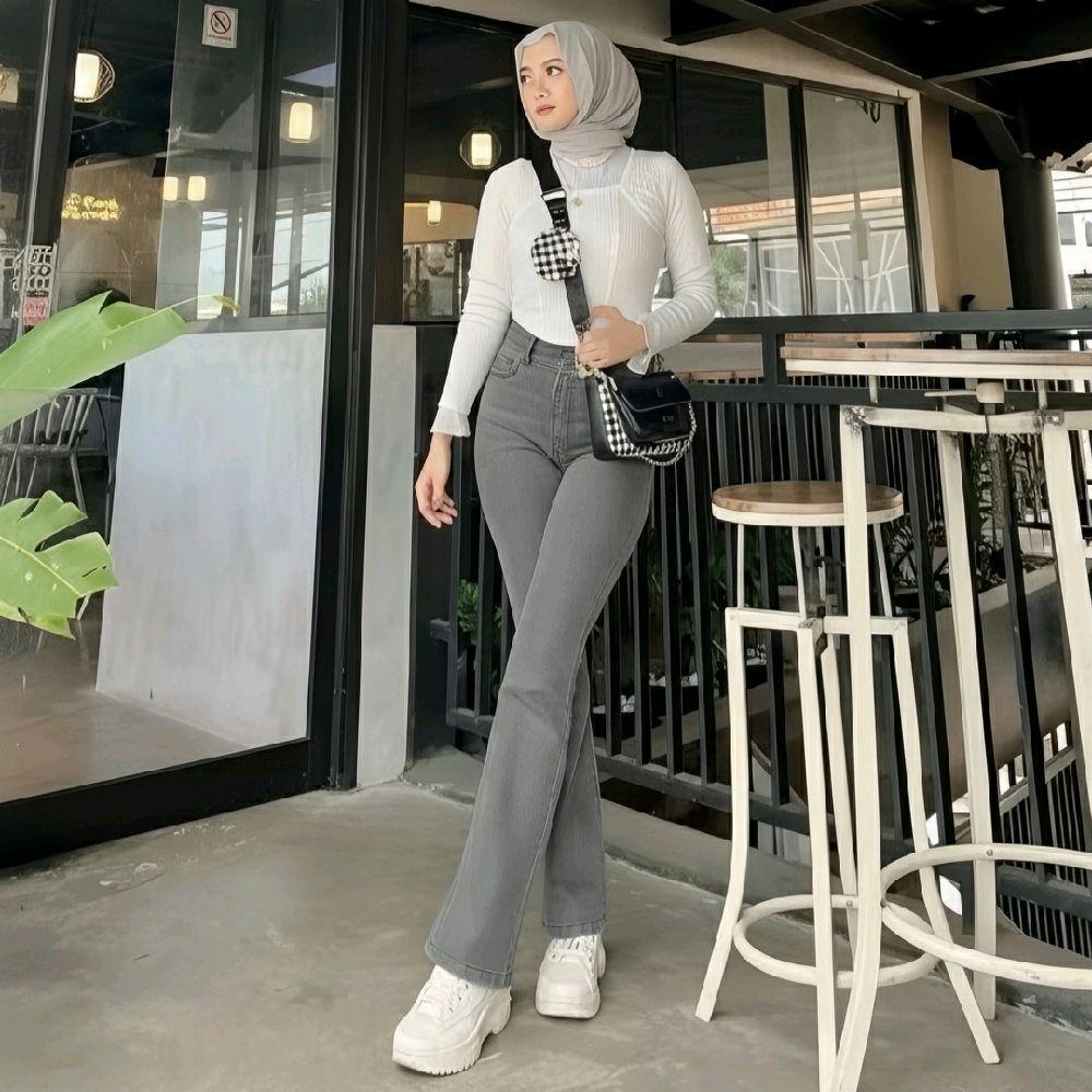GW- Highwaist Cutbray Jeans Wanita - Celana Jeans Flare Wanita Denim Stretch