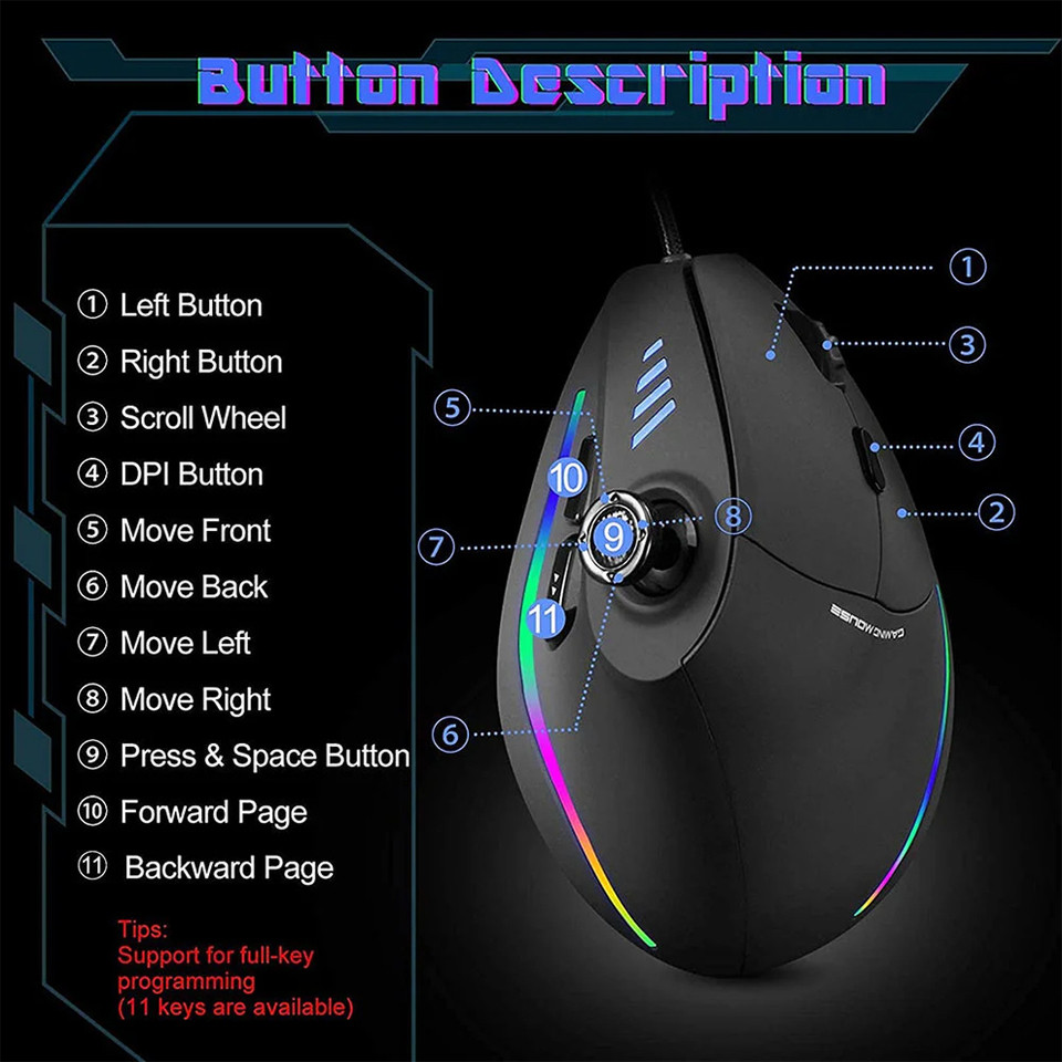 Wired Gaming Vertical Mouse with Joystick Ergonomics Mice for Laptop RGB Backlit Programmable 11keys