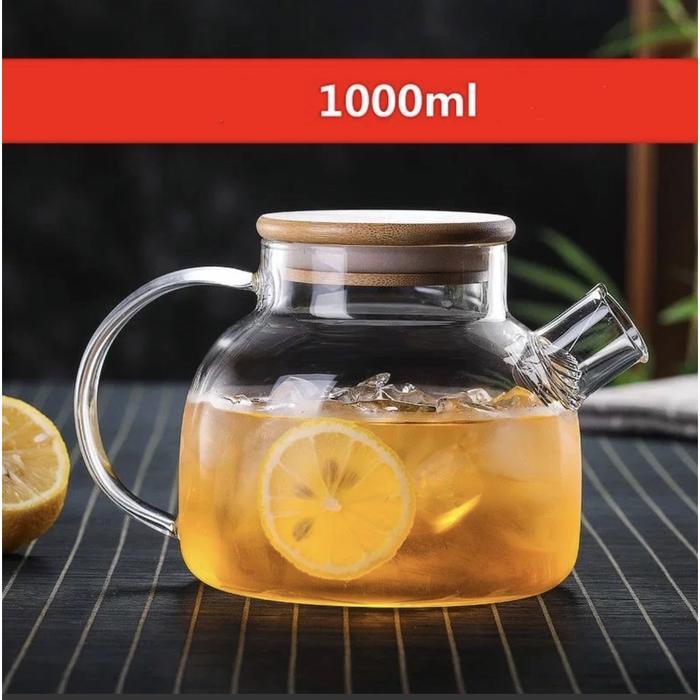 Diskon FUTON Teapot Teko Teh air panas kaca dengan tutup kayu anti panas High Borosilicate berkualit