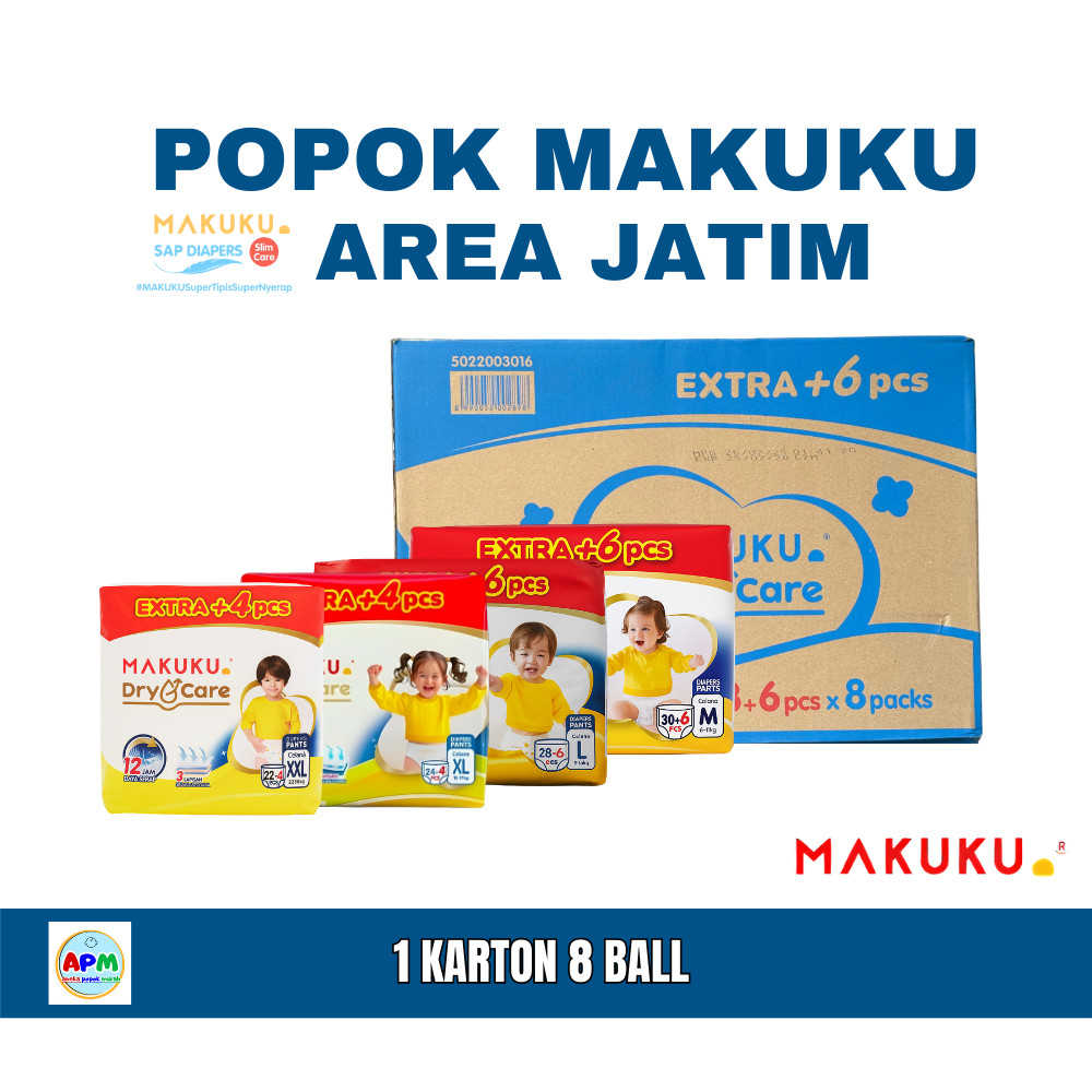 MAKUKU Dry Care Pants M30+6 L28+6 XL24+4 XXL22+4 1 Karton / 1 Dus Isi 8 Ball Popok Bayi Celana APM