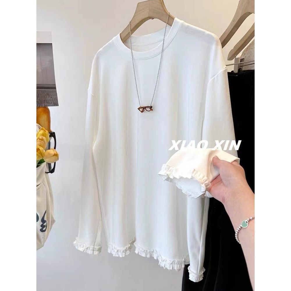 Aroana big size Kaos lengan panjang wanita renda hem kru leher longgar versi Korea