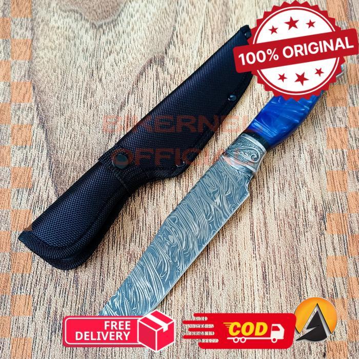 Pisau Camping Survival Outdoor Motif Damascus Handle Biru P1517 - Biru -biker